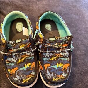 Hey Dude Kids Shark Print Slip-On Sneakers in Black, Teal & Multicolor